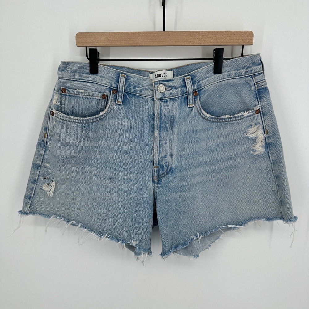 Agolde Shorts 29 Blue Parker Long Distressed Organic Cotton Denim Cut Off Summer